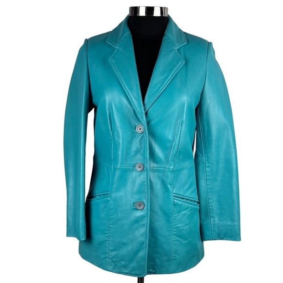 BERNARDO Y2K TEAL OVERSIZE LEATHER BUTTON DOWN BLAZER JACKET CAR COAT - Picture 4 of 16